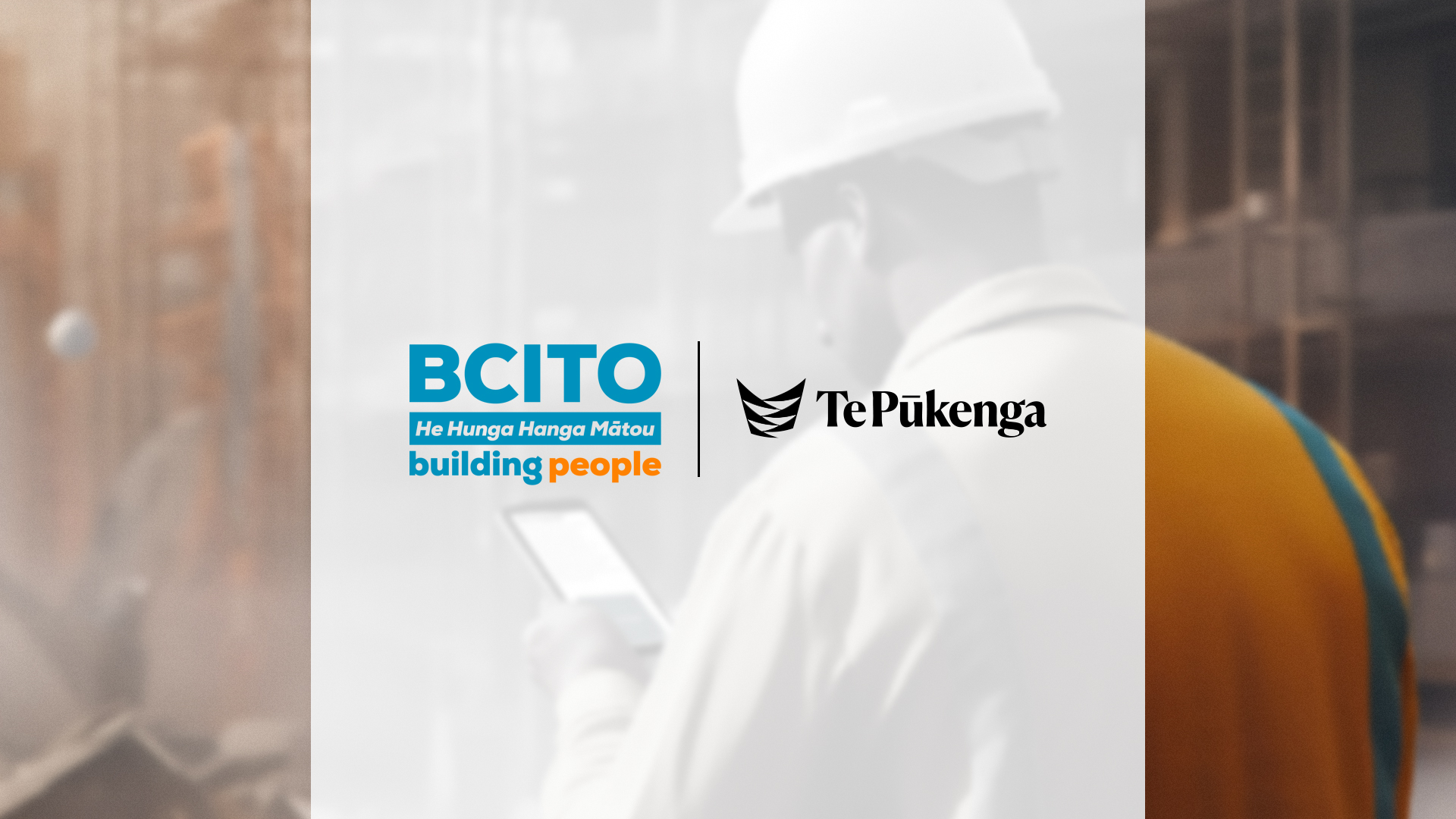 A builder looking at training on a mobile device overlaid with BCITO and Te Pūkenga logos