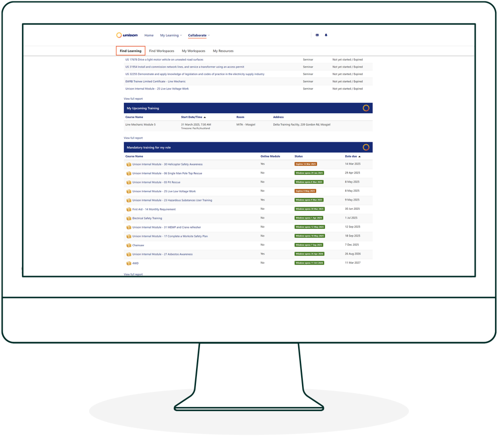 Screenshot of training course section of the Unison LMS dashboard