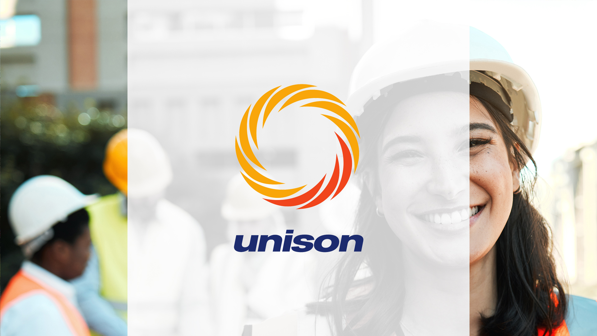 Woman in a hard hat smiling with a logo overlaid